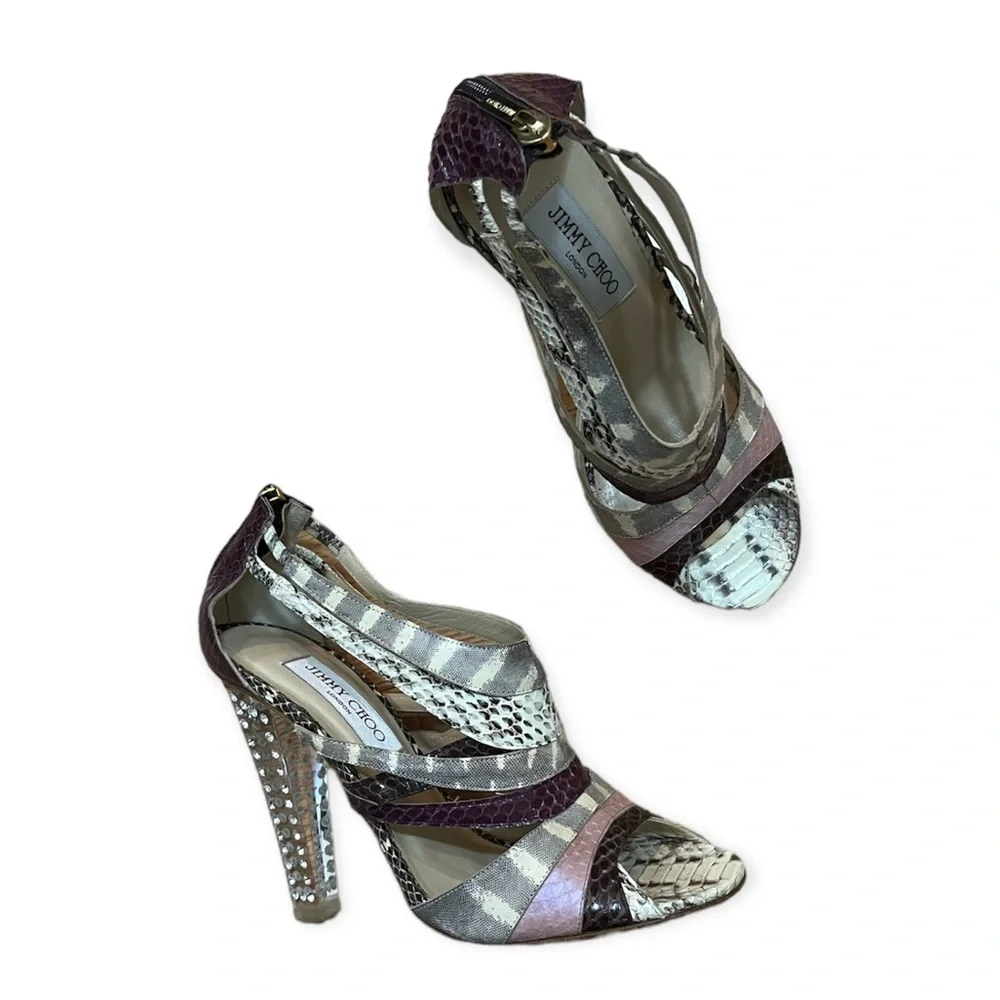 Jimmy Choo Multi Color Python and Lizard Cyndi Lucite Rhinestone Heels - Picture 3 of 15